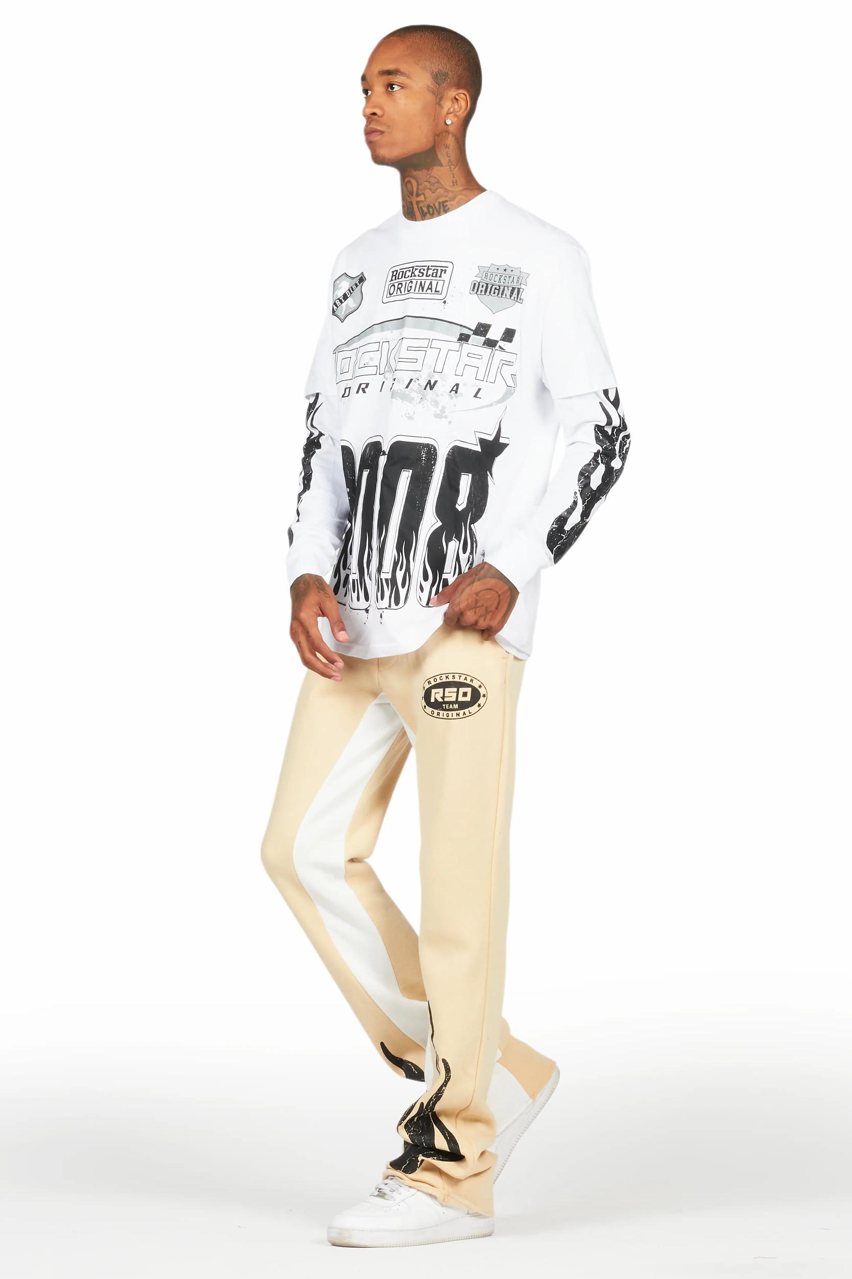 Amos White/Beige Double Layer T-Shirt/Stacked Baggy Pant Set Male Product Image