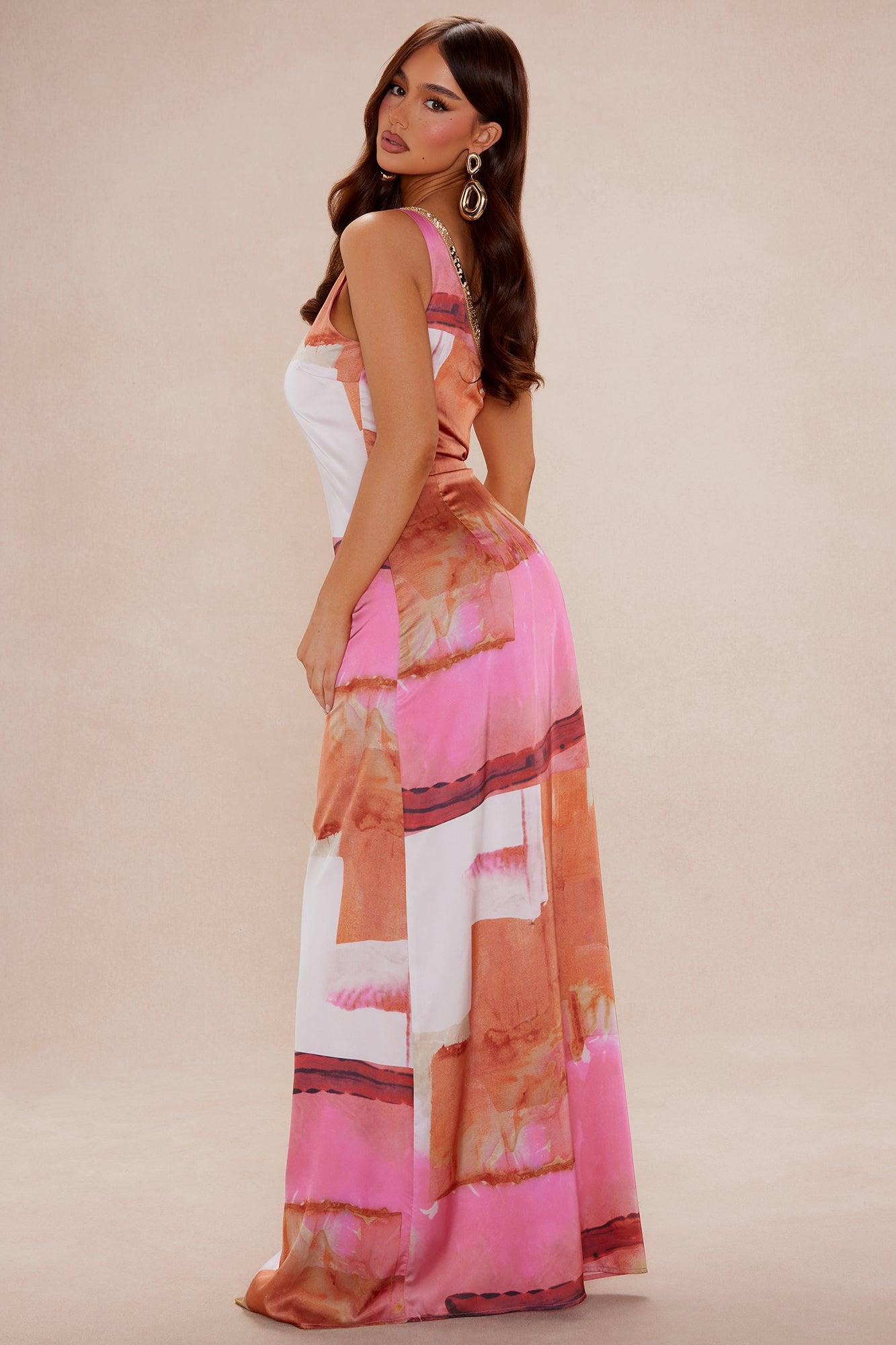 Sabina One Shoulder Satin Maxi Dress - Pink/combo Product Image
