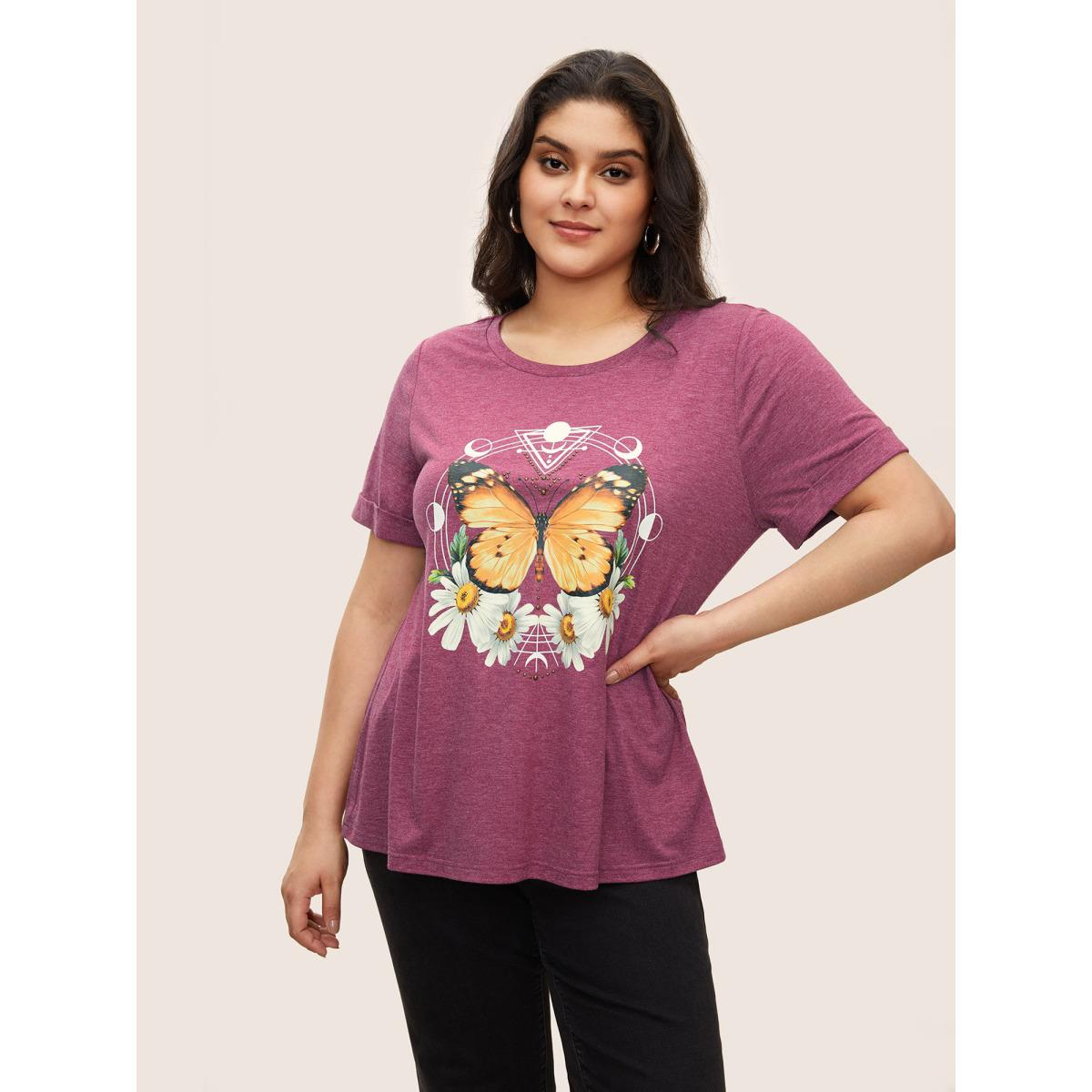 Plus Size Natural Flowers & Butterfly Print Rhinestone T-shirt Burgundy Women Casual Rhinestone detailing Animals Everyday T-shirts BloomChic 10/M Product Image