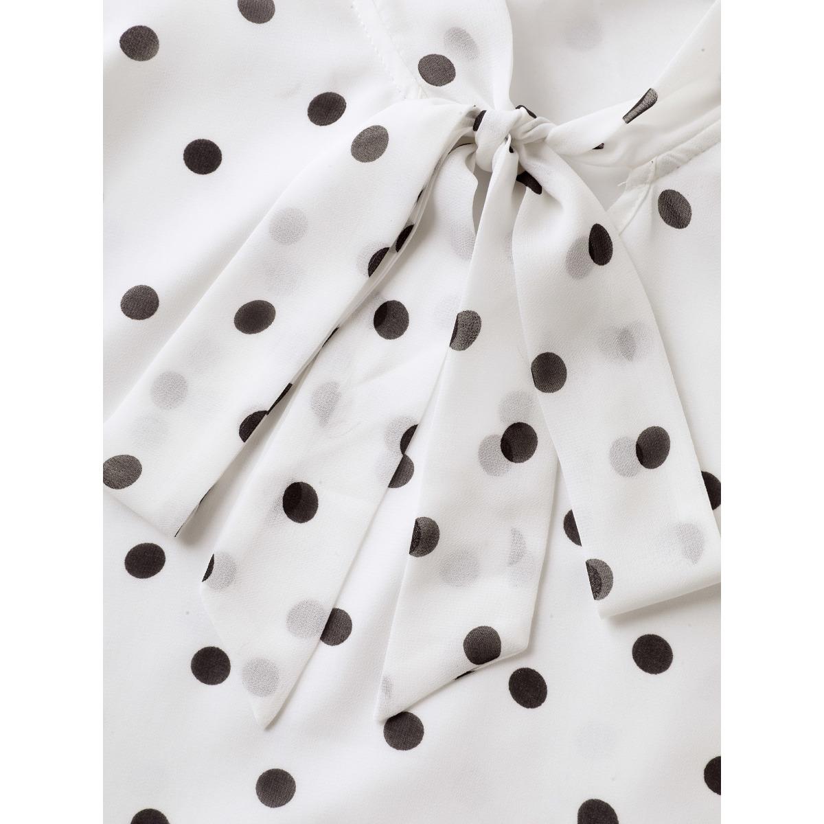 Plus Size Black Polka Dot Ribbon Collar Blouse Women Office Cap Sleeve Ribbon-tied collar Office Blouses BloomChic 18-20/2X Product Image