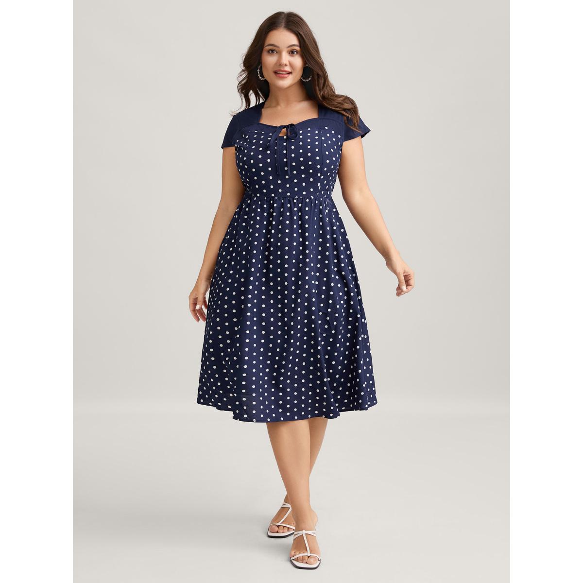 Plus Size Polka Dots Stretchy Waist Pockets Midi Dress Navy Women Retro Heart neckline Cap Sleeve Curvy BloomChic 30/6X Product Image