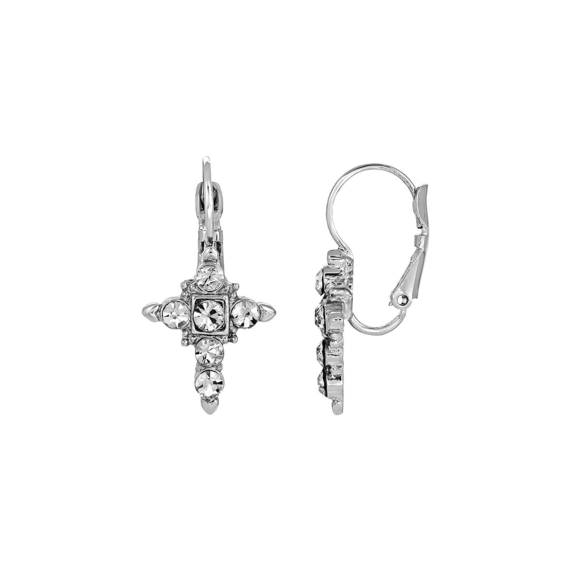 Symbols of Faith Silver Tone Simulated Crystal Cross Earrings, Womens Product Image