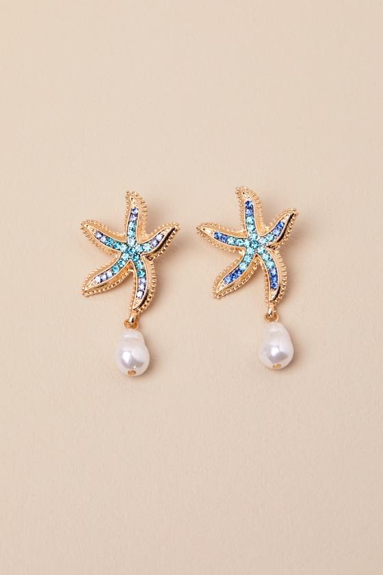 Asterina Blue and Gold Rhinestone Starfish Earrings Product Image
