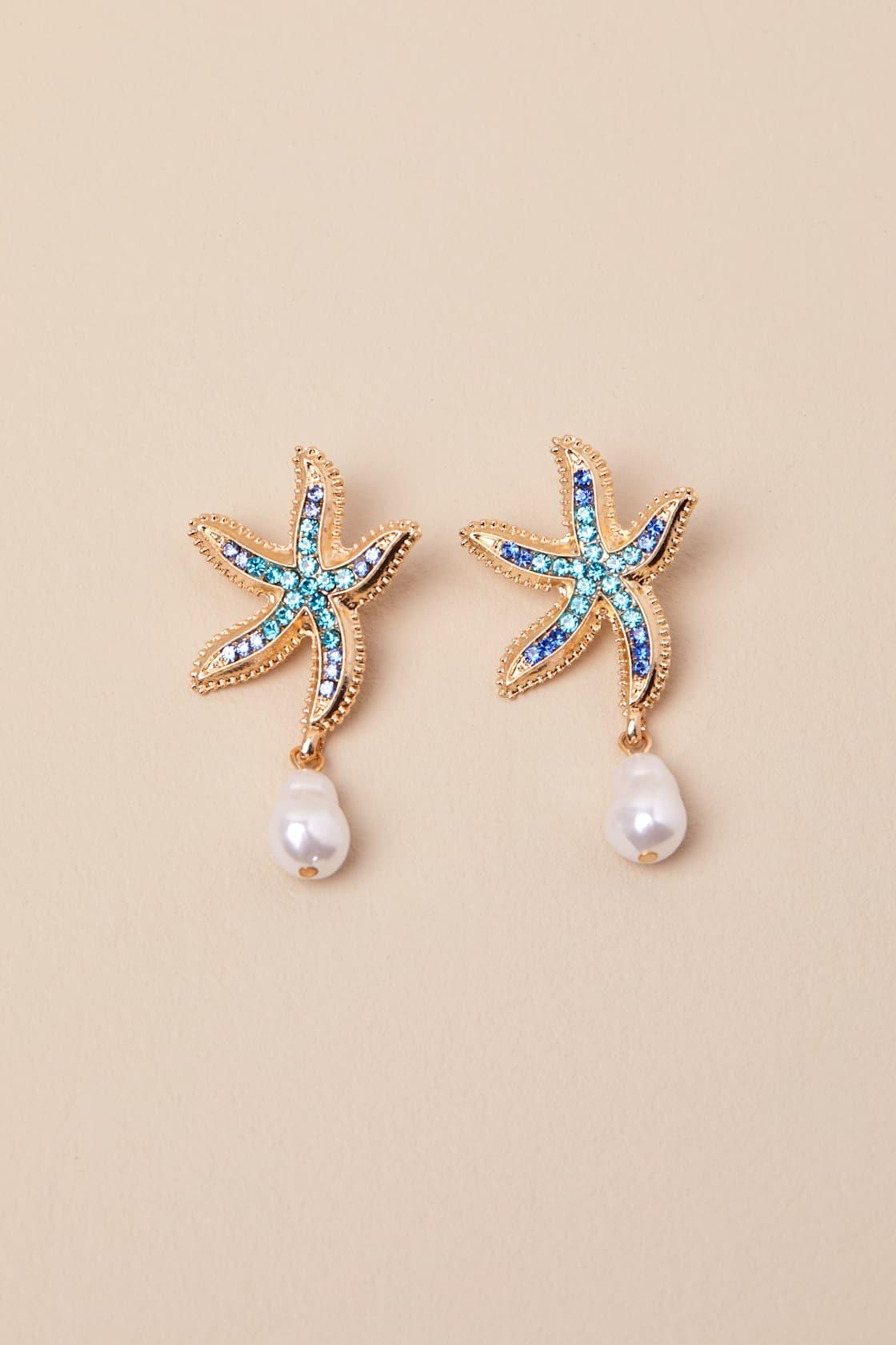 Asterina Blue and Gold Rhinestone Starfish Earrings Product Image