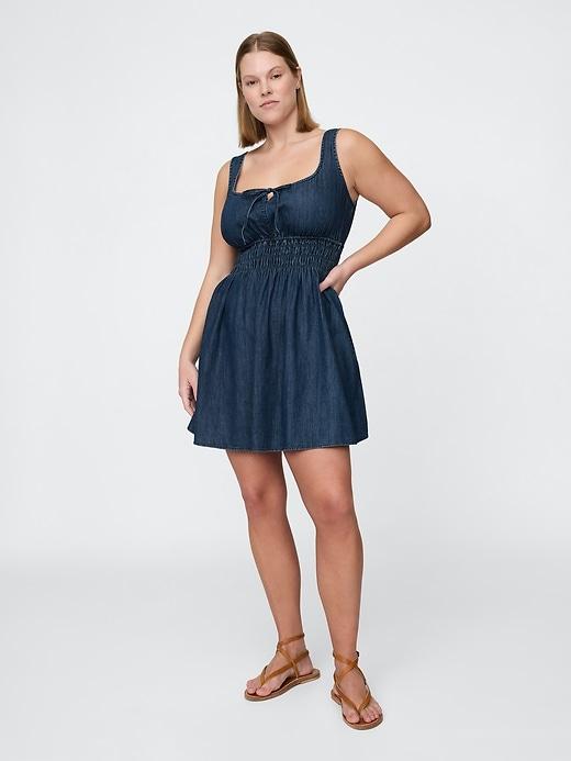 Denim Tie-Front Smocked Waist Mini Dress Product Image