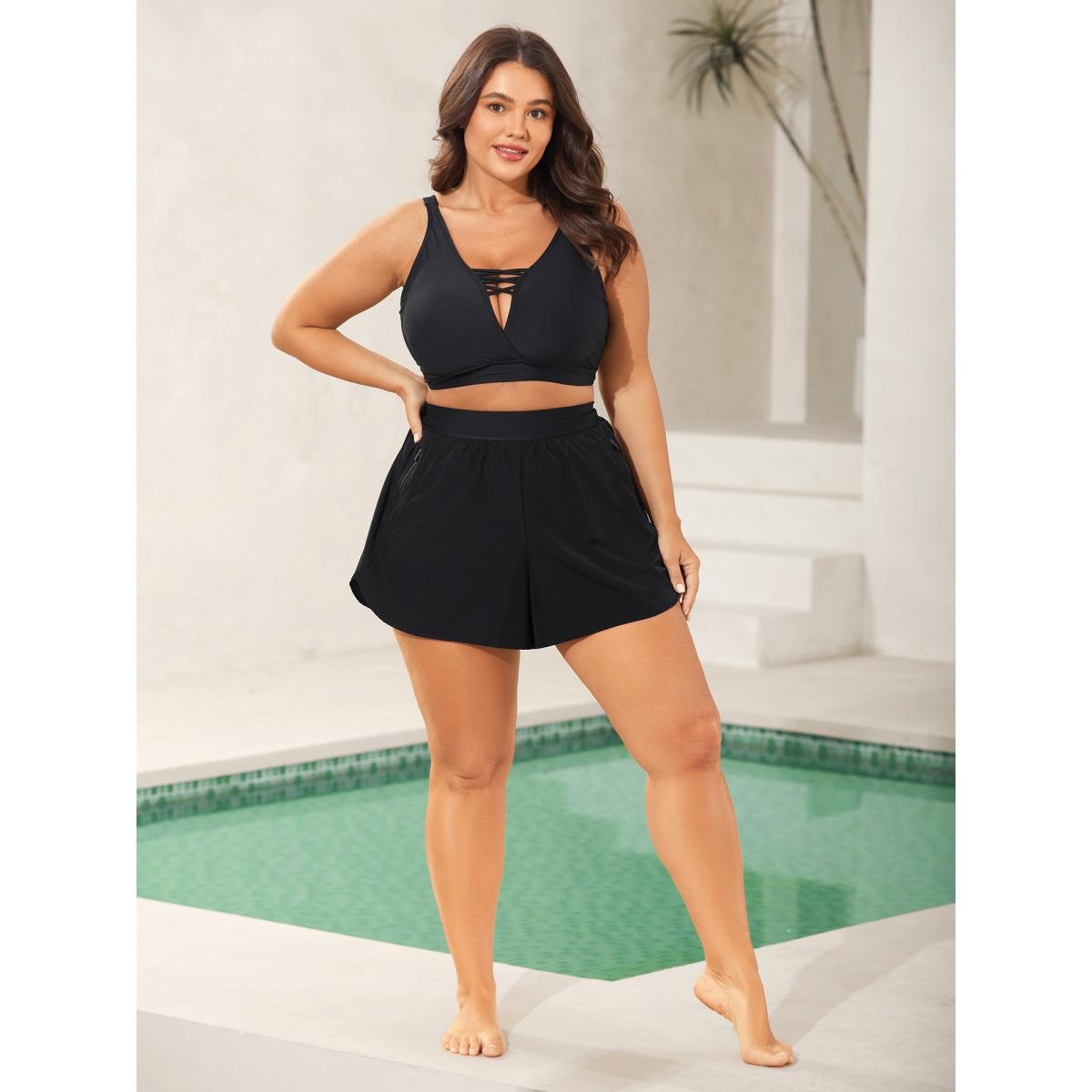 Plus Size Zipper Pockets Straight-Leg Swim Bottoms Women's Swimwear Black Resort High stretch Bodycon High Rise Zippered pocket Curve Swim Bottoms BloomChic 12/L Product Image