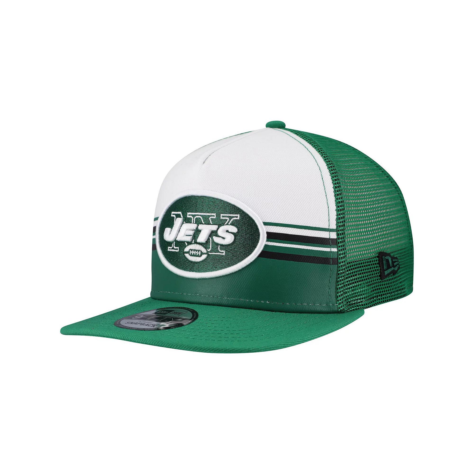 Mens New Era /Green New York Jets Striped A-Frame 9FIFTY Adjustable Trucker Snapback Hat Product Image