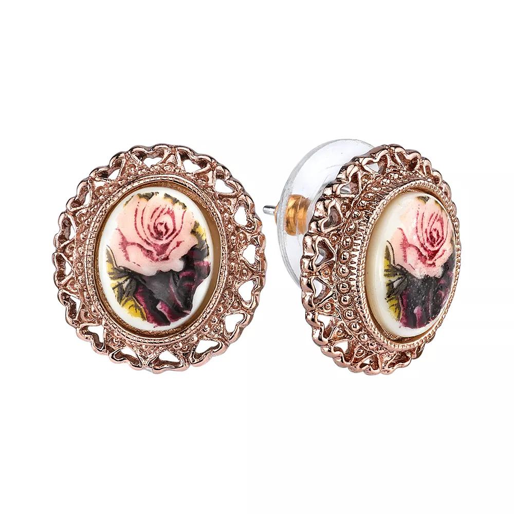 1928 Flower & Heart Button Stud Earrings, Women's, Rose Gold Tone Product Image