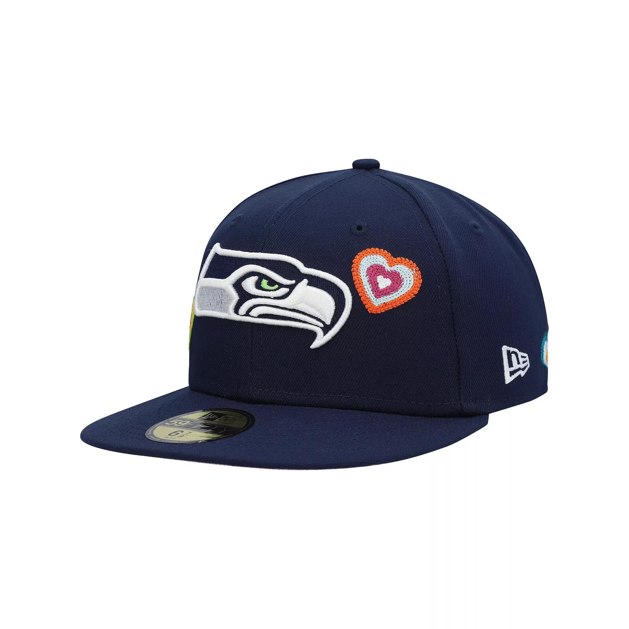 Men's New Era College Navy Seattle Seahawks Chain Stitch Heart 59FIFTY Fitted Hat,  Product Image