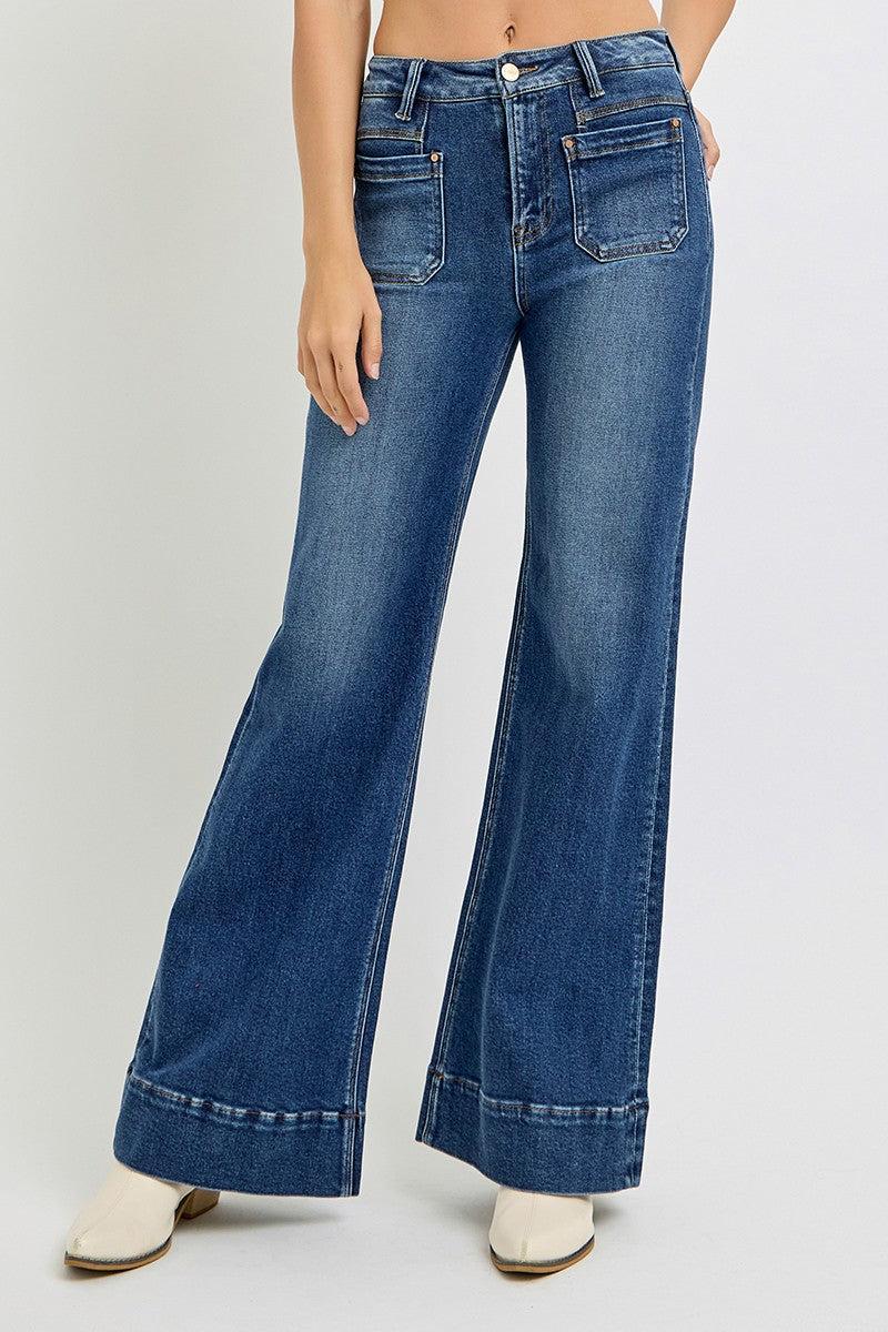 PLUS High Rise Wide Flare Patch Pocket Jeans Product Image