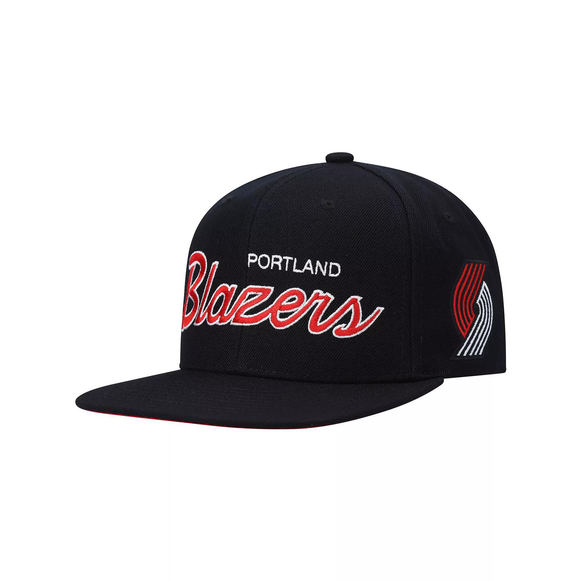 Men's Mitchell & Ness Black Portland Trail Blazers Hardwood Classics Script 2.0 Snapback Hat Product Image