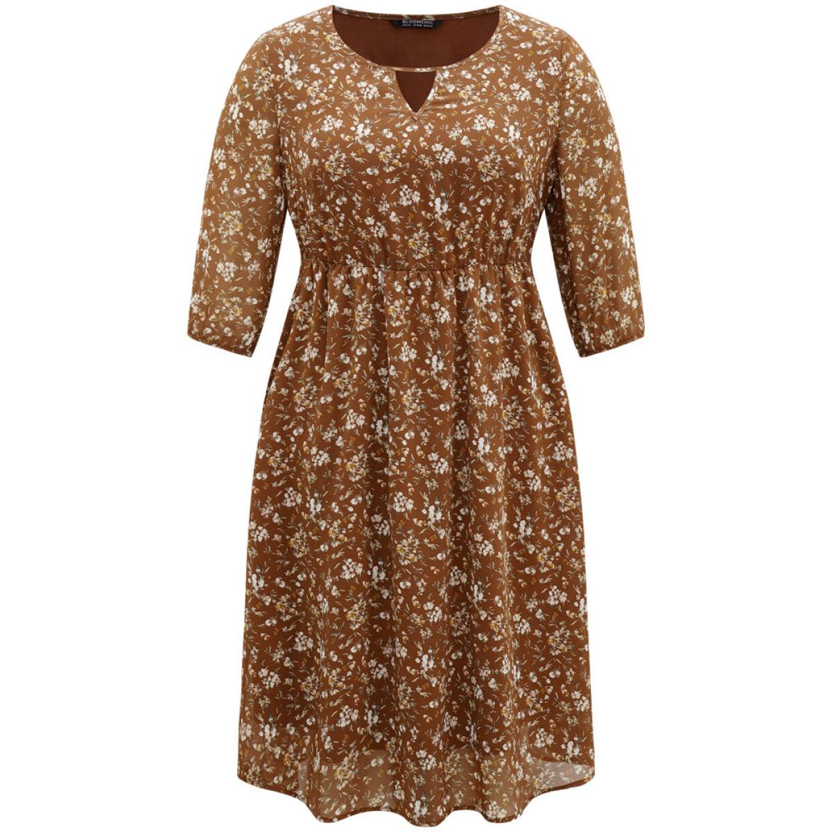 Plus Size Ditsy Floral Cut Out Elastic Cuffs Dress Rust Women Elegant Elastic cuffs Keyhole Cut-Out Elbow-length sleeve Curvy Midi Dress BloomChic 22-24/3X Product Image