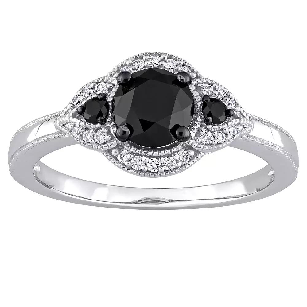 Stella Grace 14k White Gold 1 1/7 Carat T.W. Black & White Diamond 3-Stone Halo Engagement Ring, Women's,  Product Image
