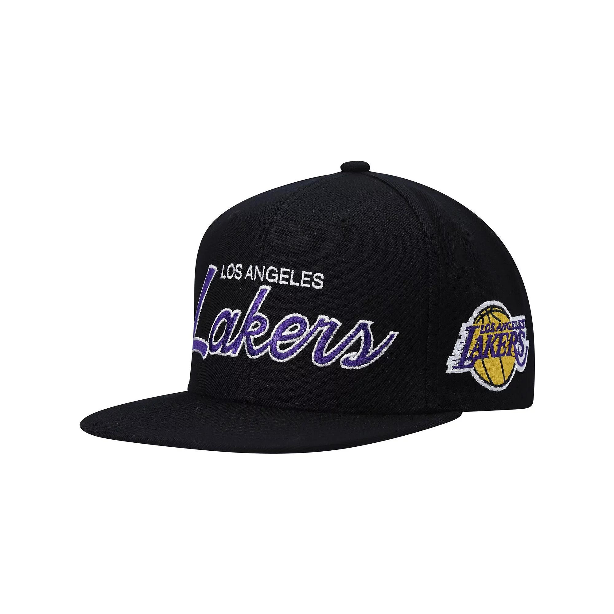 Men's Mitchell & Ness Black Los Angeles Lakers Hardwood Classics Script 2.0 Snapback Hat Product Image