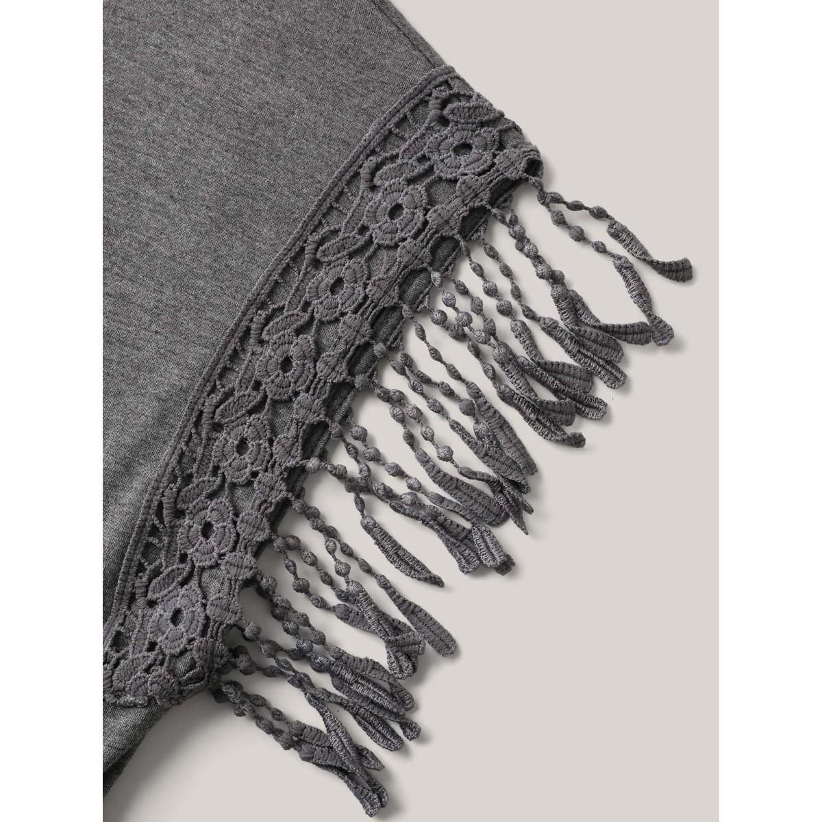 Plus Size Fringe Knit Plain V-Neck Midi Dress DarkGray Women Casual Woven ribbon&lace trim V-neck Cap Sleeve Curvy BloomChic 14-16/1X Product Image