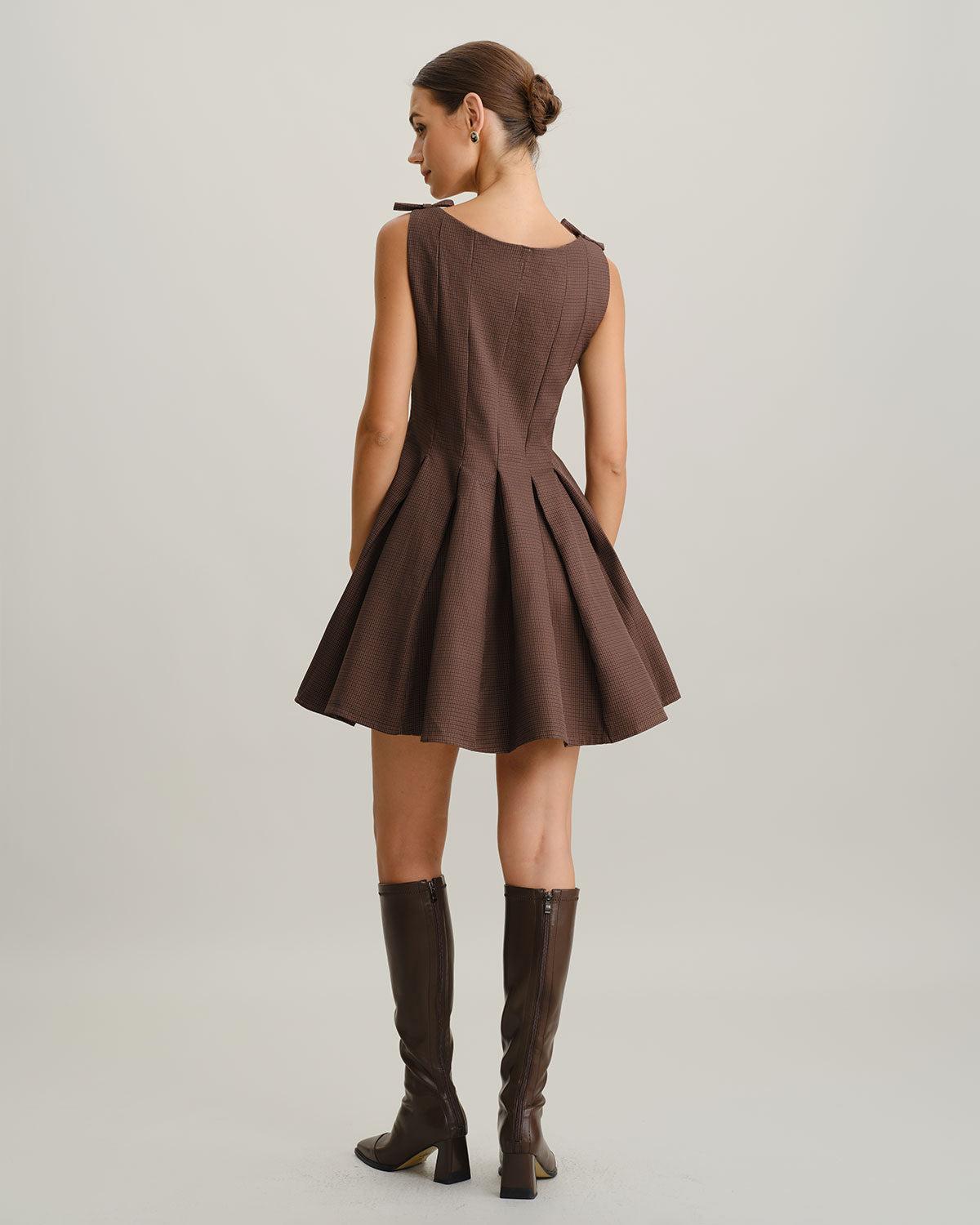 Brown Plaid A-Line Tie Strap Mini Dress Product Image