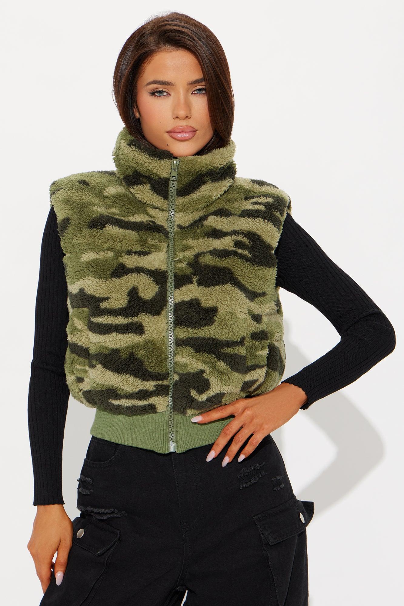Kiara Sherpa Printed Puffer Vest - Olive/combo Product Image