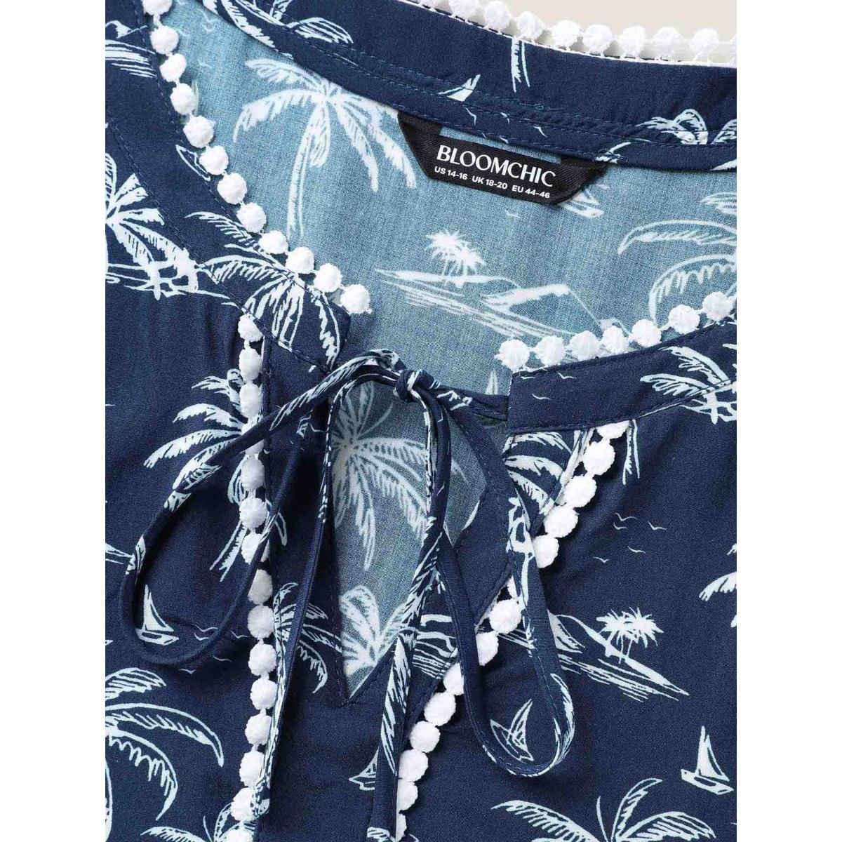 Plus Size Indigo Tropical Print Lace Trim Flowy Blouse Women Short sleeve V-neck Vacation Blouses BloomChic 14-16/1X Product Image