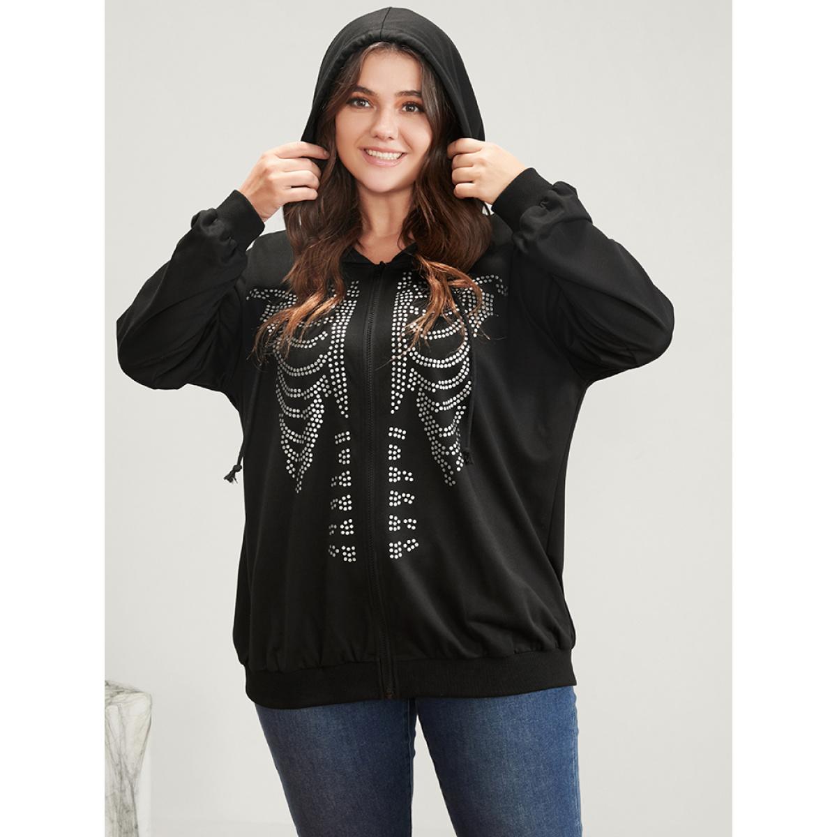 Plus Size Halloween Skeleton Print Zip Up Drawstring Hooded Sweatshirt Women Black Casual Printed Hooded Dailywear Sweatshirts BloomChic 10/M Product Image
