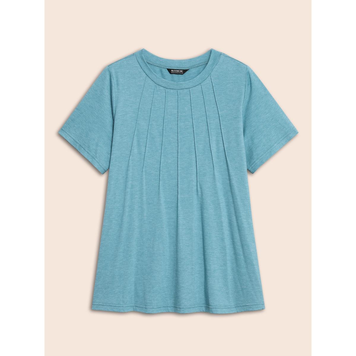 Plus Size Crew Neck Solid Heather Pleated T-shirt Cerulean Women Casual Pleated Round Neck Everyday T-shirts BloomChic 18-20/2X Product Image