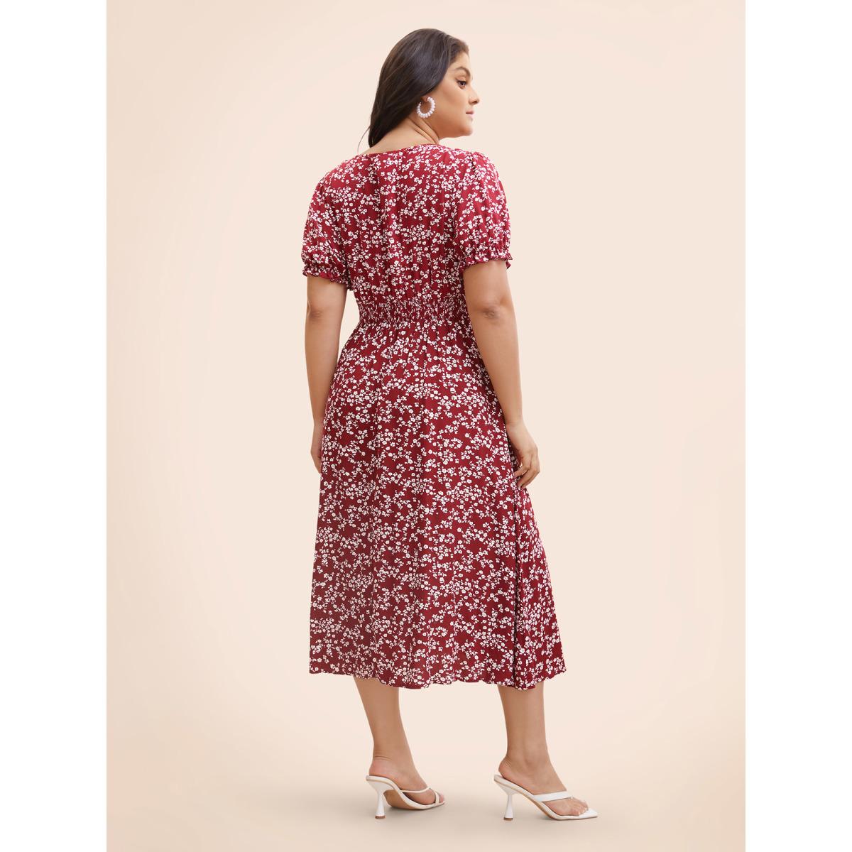 Plus Size Ditsy Floral Split Hem Puff Sleeve Dress Crimson Women Elegant Tie knot Square Neck Short sleeve Curvy BloomChic 26/4X Product Image