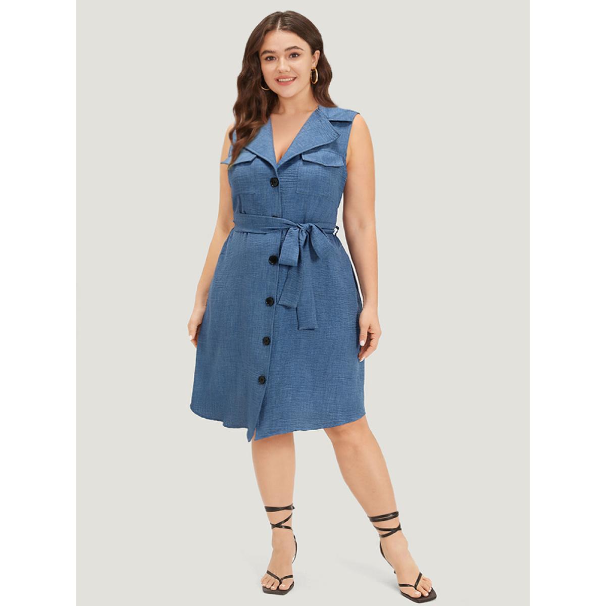 Plus Size Suit Collar Belted Pocket Button Through Sleeveless Dress Blue Women Elegant Belted Suit Collar Sleeveless Curvy Knee Dress BloomChic 14-16/1X Product Image