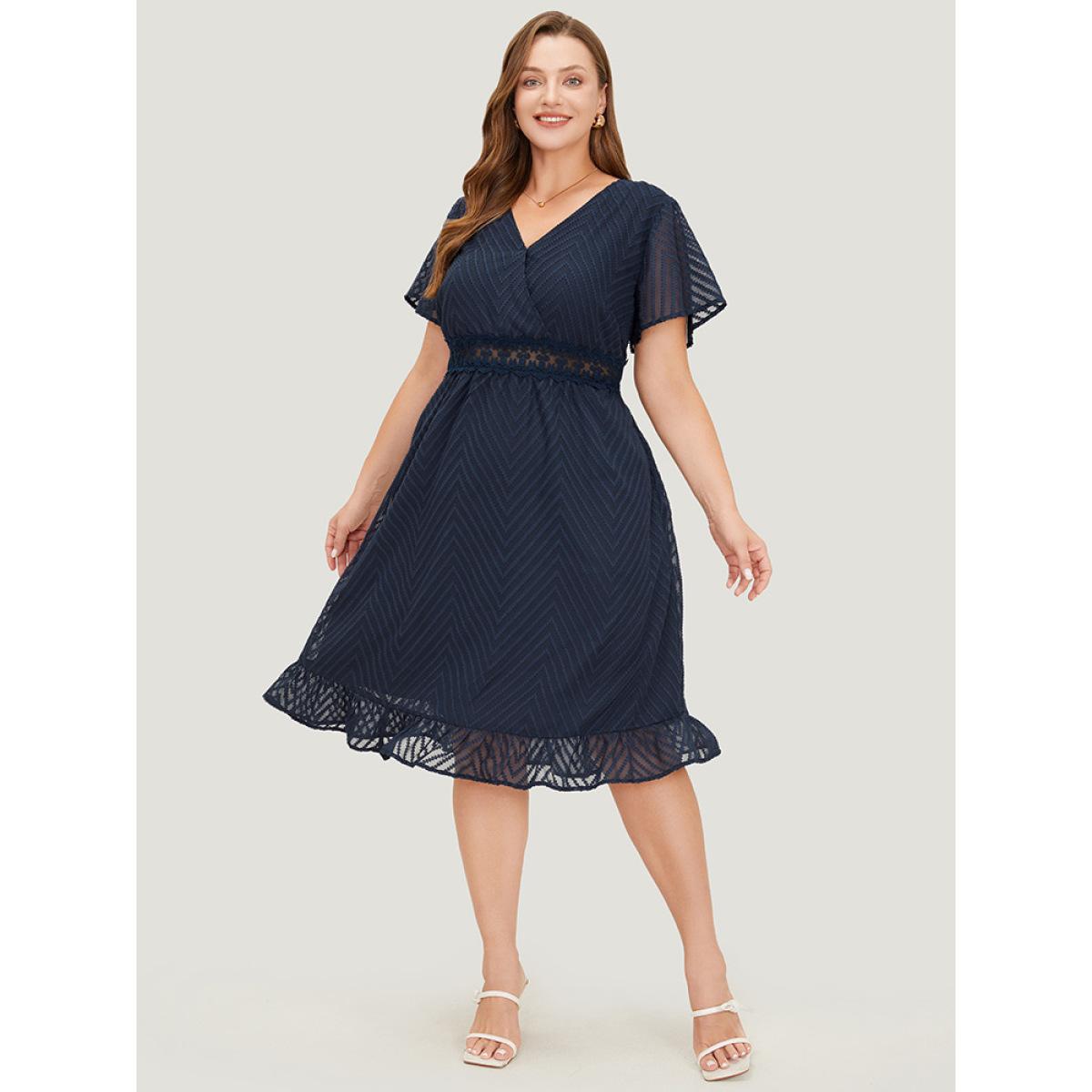 Plus Size Plain Geometric Pocket Wrap Mesh Lace Insert Ruffle Dress Indigo Women Elegant Lined V-neck Short sleeve Curvy Knee Dress BloomChic 30/6X Product Image