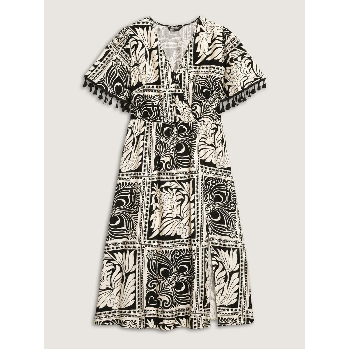 Plus Size Monochrome Collage Print Tassels Midi Dress Black Women V-neck Short sleeve Curvy BloomChic 22-24/3X Product Image