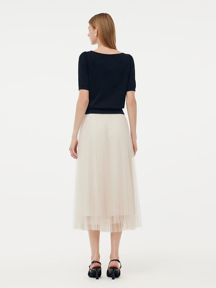 Tencel Knit Top And A-Line Mesh Skirt Two-Piece Set Product Image