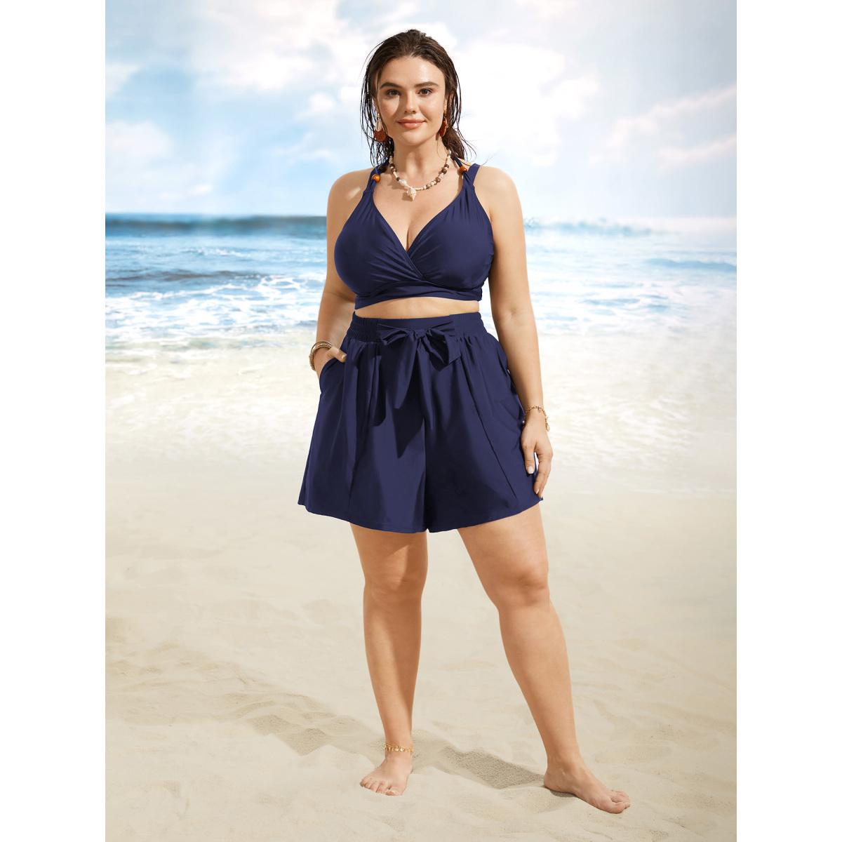Plus Size High Rise Tie Knot Wideband Waist Swim Bottom Women's Swimwear Indigo Beach Tie knot High stretch Bodycon High Rise Side seam pocket Curve Swim Bottoms BloomChic 30/6X Product Image