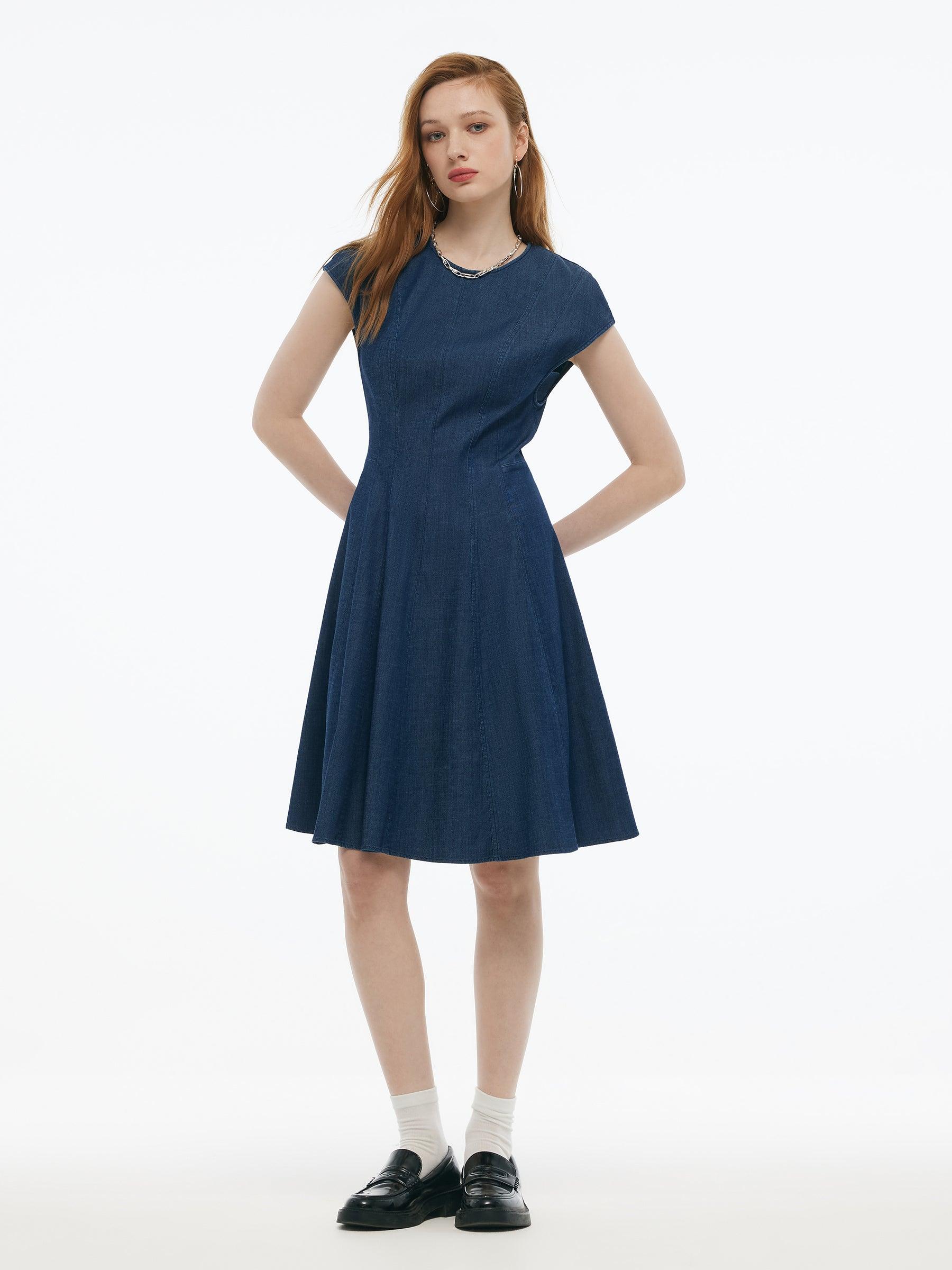 Denim Cap Sleeve Women Midi Dress Product Image