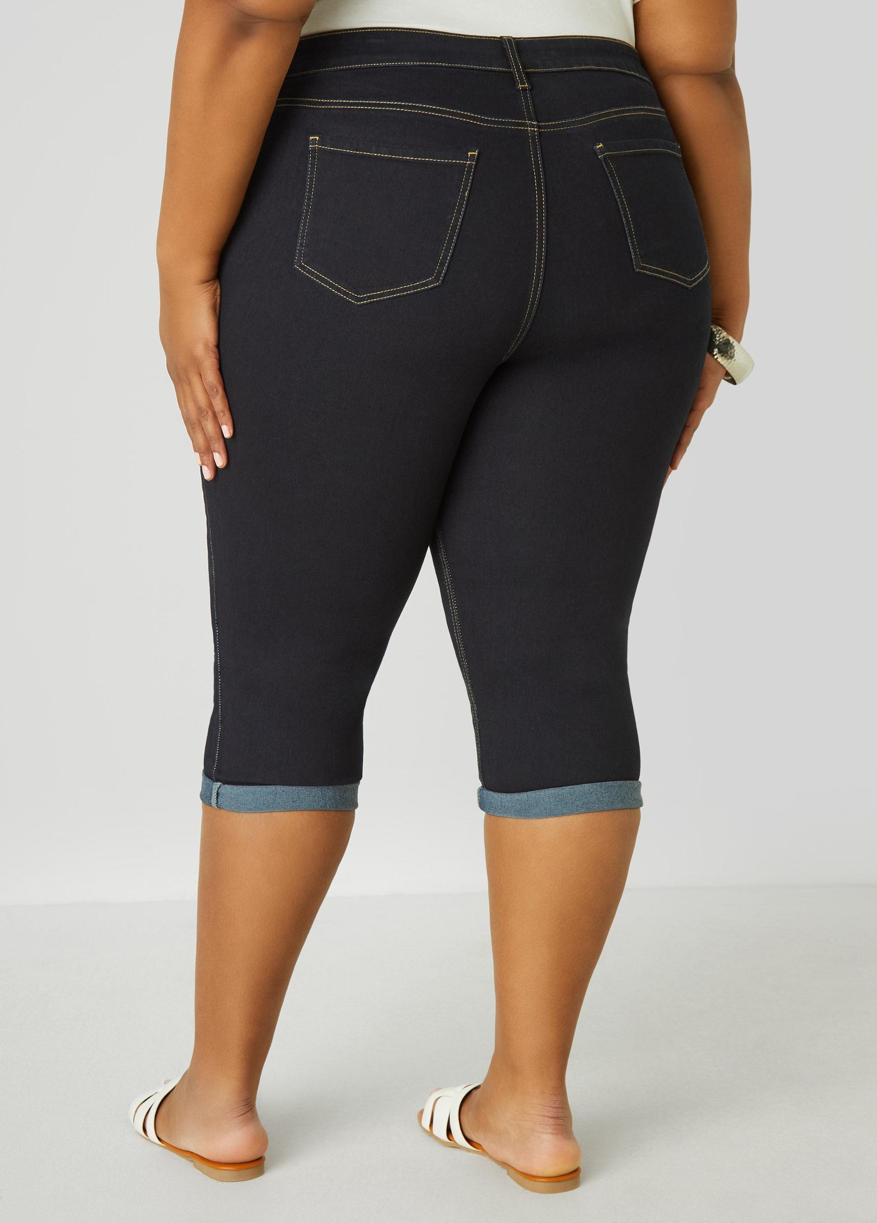 Plus Size Mid Rise Cuffed Denim Capris Ashley Stewart Product Image