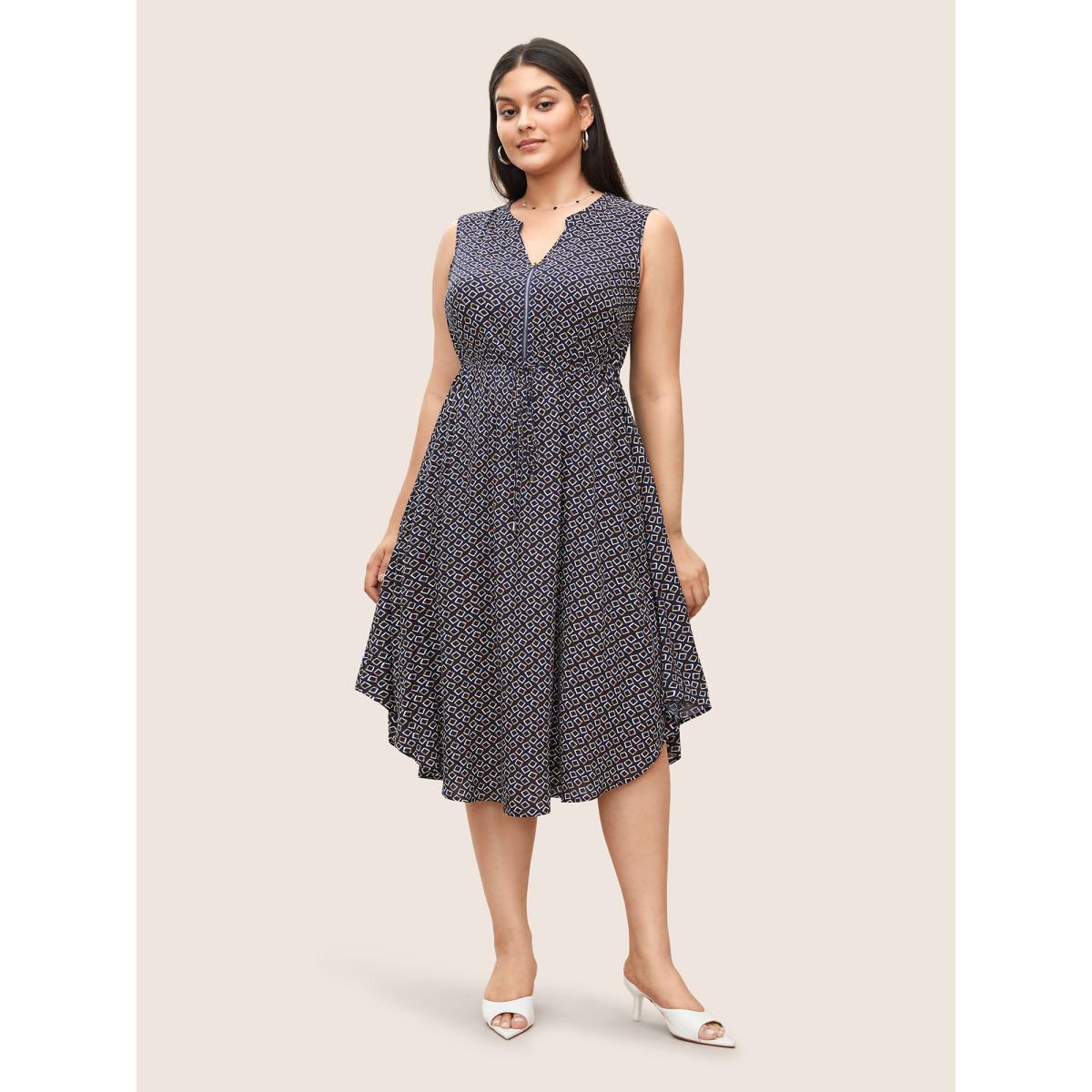 Plus Size Geometric Half Zip Drawstring Arc Hem Dress Indigo Women At the Office Drawstring Flat collar with V-notch Sleeveless Curvy BloomChic 14-16/1X Product Image