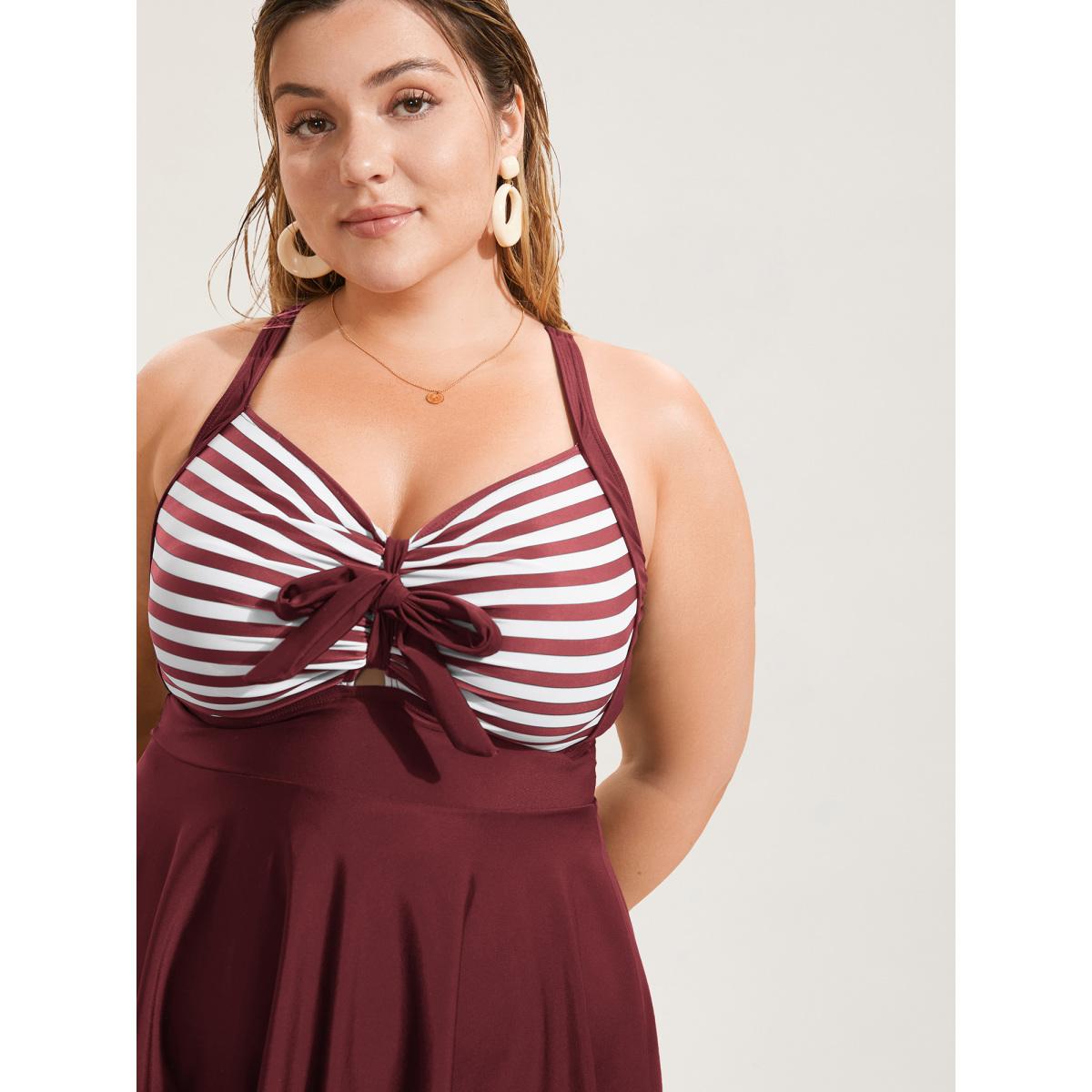 Plus Size Stripes Patchwork Tie Knot Cross Straps Swim Dress Women's Swimwear ArmyGreen Resort Bodycon Heart neckline High stretch Curve Swim Dresses BloomChic 30/6X Product Image