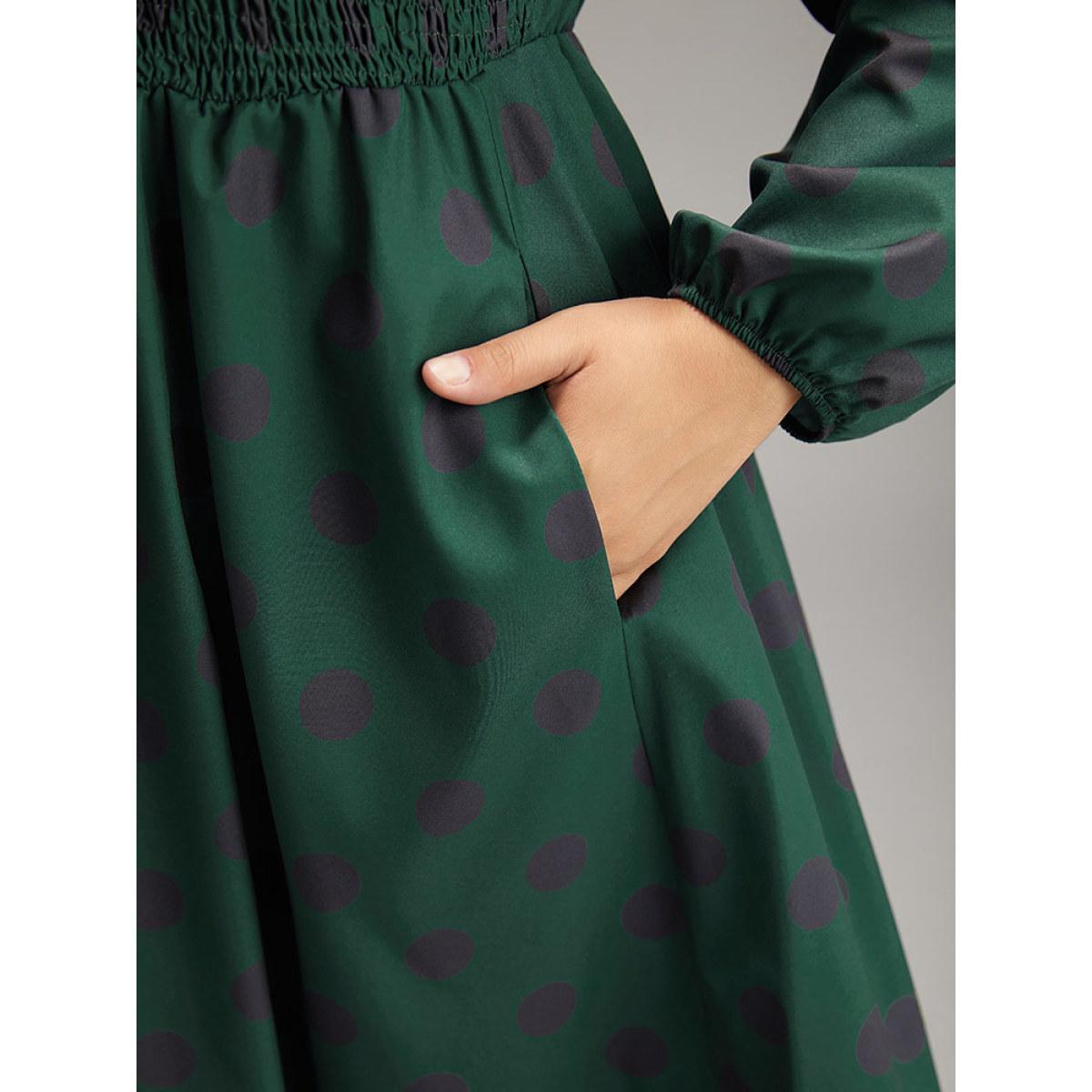 Plus Size Polka Dot Shirred Lantern Sleeve Dress DarkGreen Women Elegant Elastic cuffs V-neck Long Sleeve Curvy Midi Dress BloomChic 30/6X Product Image