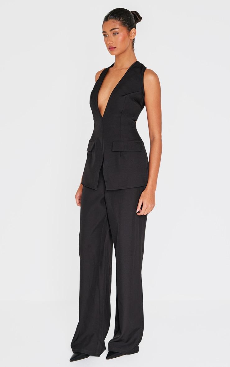 Black Structured Woven Vest Detail Straight Leg Jumpsuit Product Image