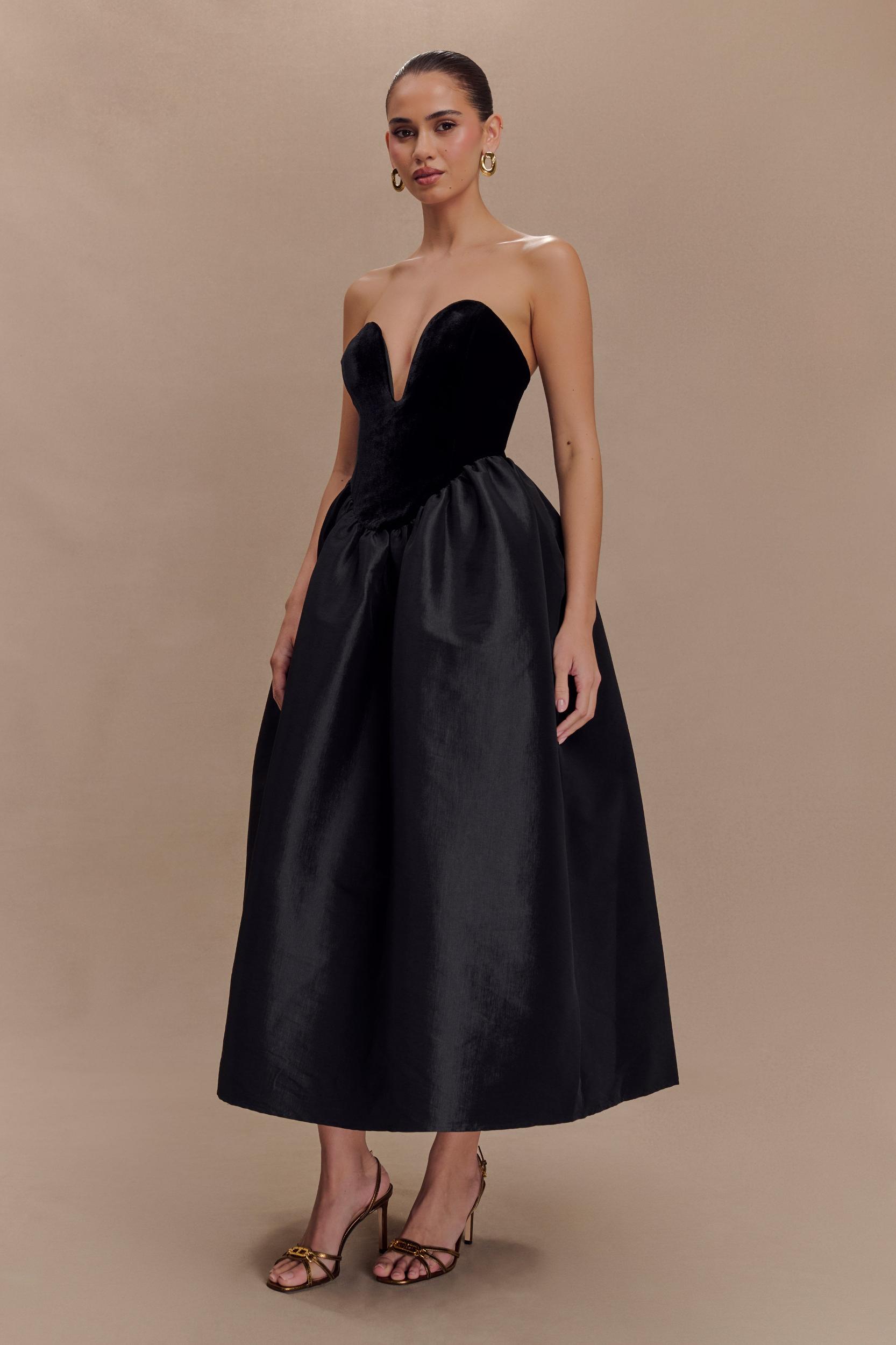 Flora Strapless Velvet Midi Dress - Black Product Image