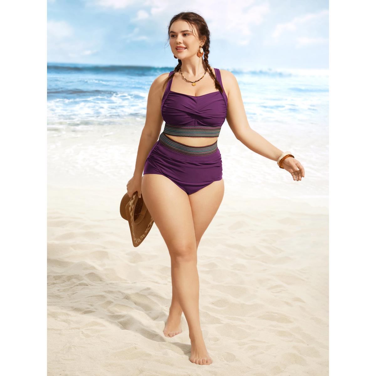 Plus Size Twist Front Patchwork Woven Ribbon Swim Top Women's Swimwear Eggplant Resort Woven ribbon&lace trim High stretch Skinny Heart neckline Curve Swim Tops BloomChic 10/M Product Image