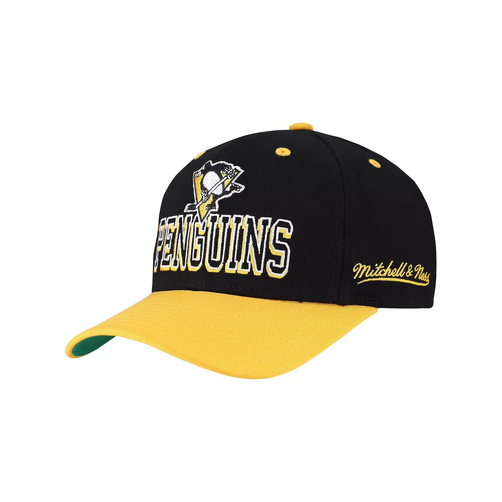 Mens Mitchell & Ness /Gold Pittsburgh Penguins Backside Script Two-Tone Pro Crown Adjustable Hat Product Image