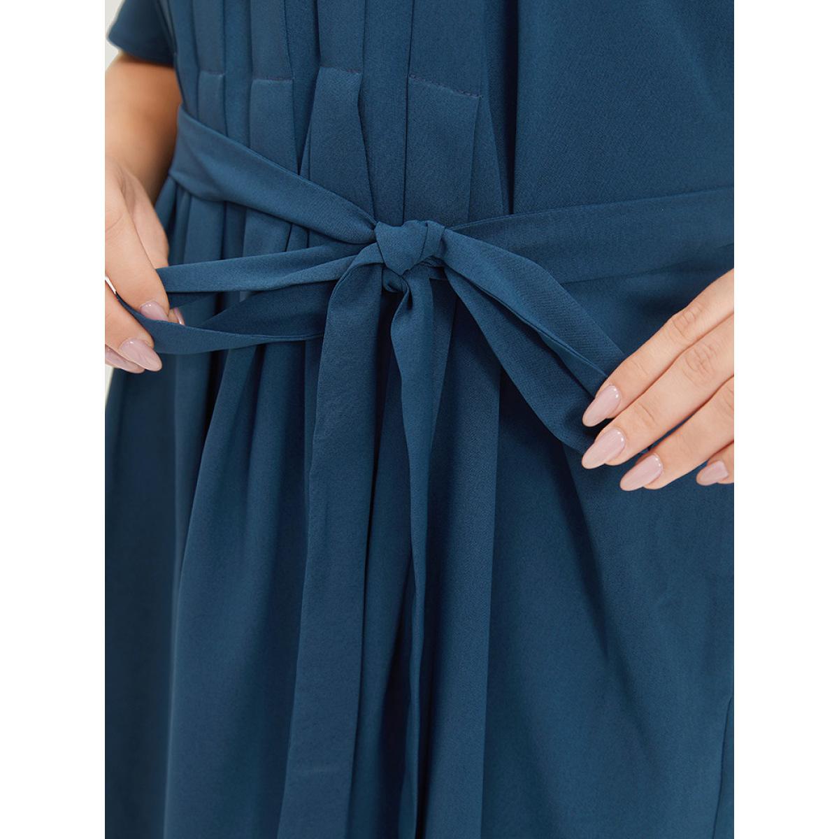 Plus Size Plain Pocket Belted Pleated Raglan Sleeve Dress Aegean Women Office Gathered Round Neck Short sleeve Curvy Midi Dress BloomChic 10/M Product Image