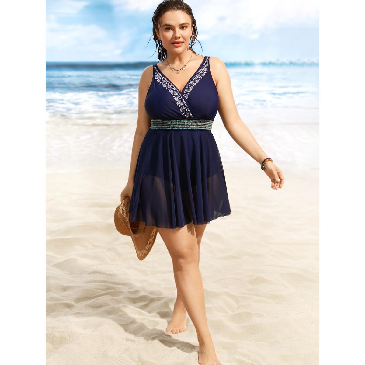 Plus Size Overlap Collar Floral Embroidered Contrast Webbing Swim Dress Women's Swimwear Indigo Beach Bodycon Overlap Collar High stretch Curve Swim Dresses BloomChic 12/L Product Image