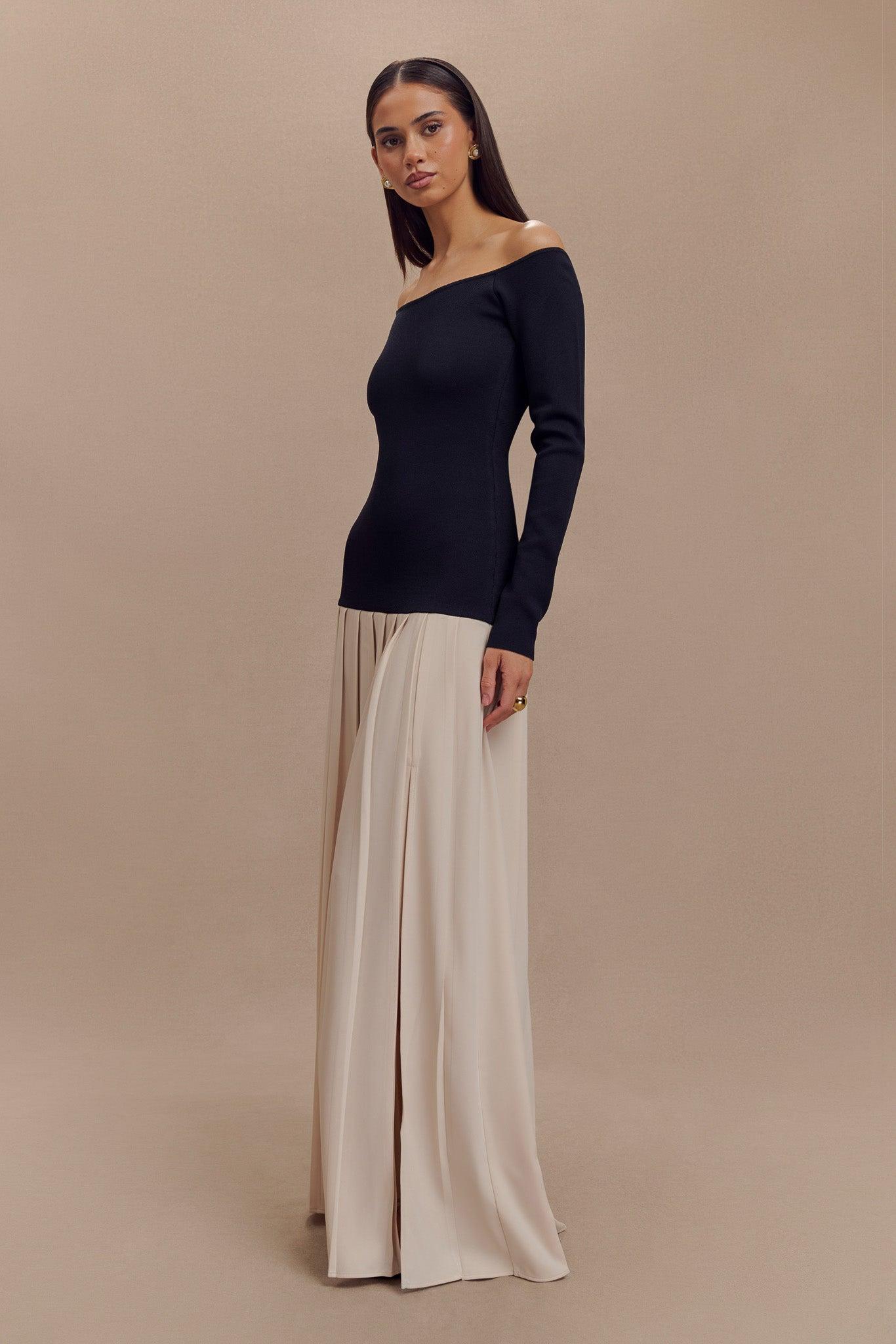 Presley Contrast Knit Off Shoulder Maxi Dress - Navy And Cream Product Image