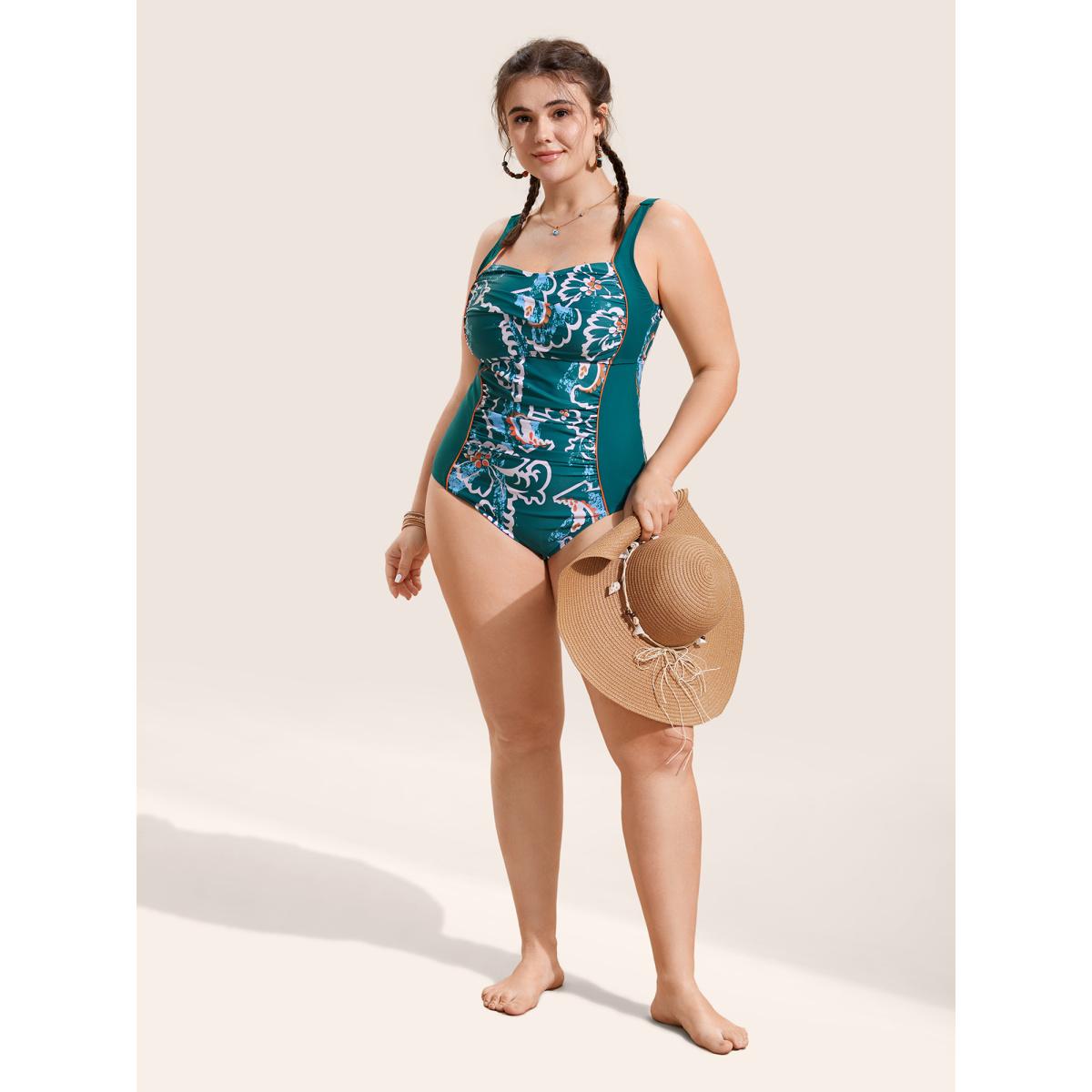Plus Size Abstract Floral Patchwork Twist One Piece Swimsuit Women's Swimwear Cyan Beach Twist Curve Bathing Suits High stretch One Pieces BloomChic 22-24/3X Product Image
