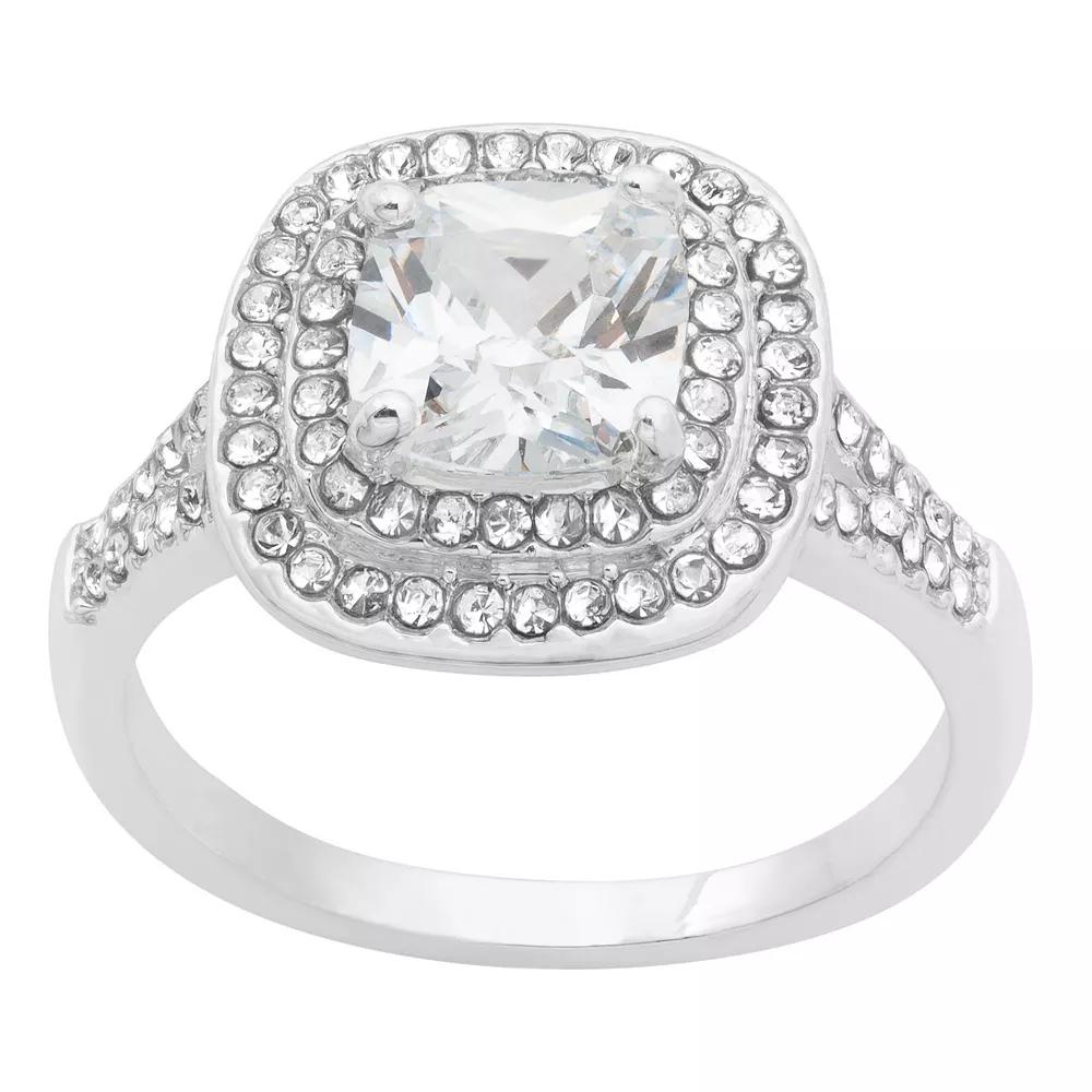 City Luxe Silver Tone Clear Cubic Zirconia Cushion Cut Double Halo Ring, Women's,  Product Image