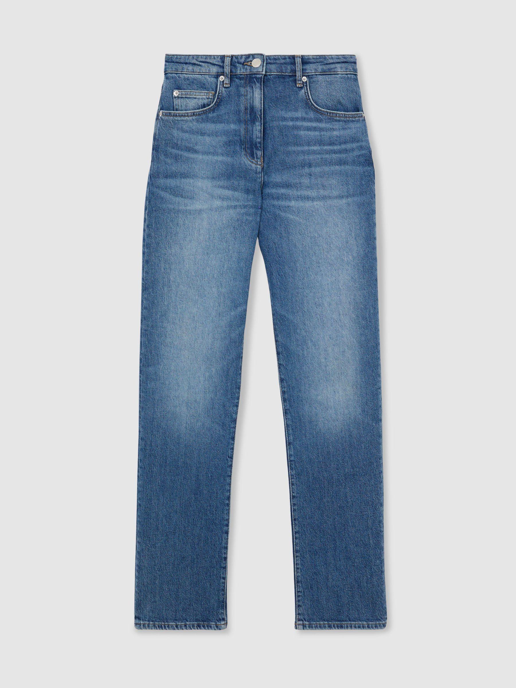 Petite Slim Straight-Leg Jeans in Mid Blue Product Image