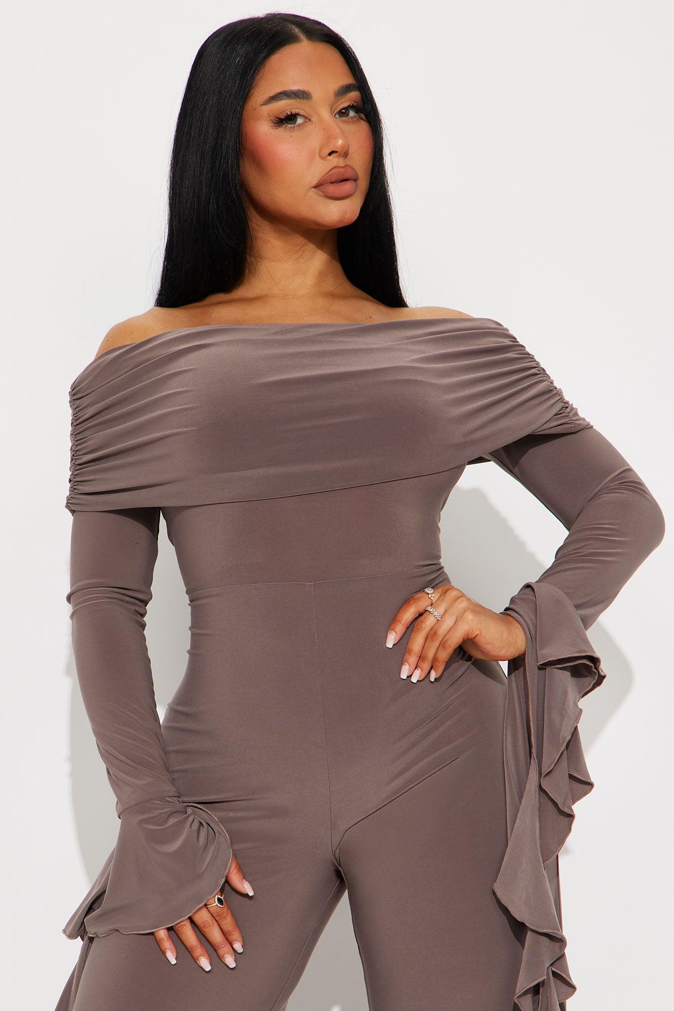 Hold The Door Off Shoulder Long Sleeve Jumpsuit - Mocha Product Image