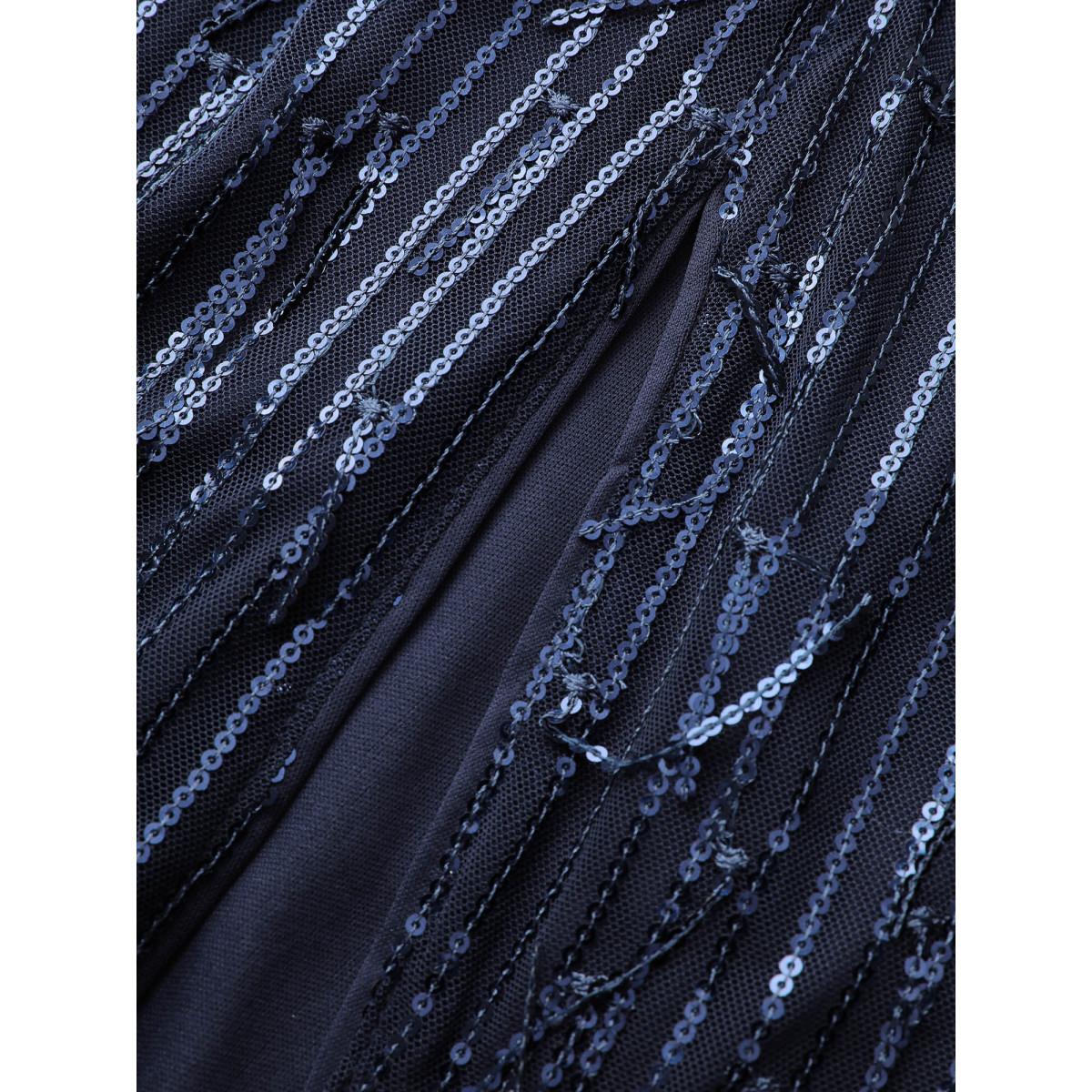 Plus Size Sequin Lace High Slit Backless Maxi Dress DarkBlue Women Party&Cocktail V-neck Elbow-length sleeve Curvy BloomChic 14-16/1X Product Image