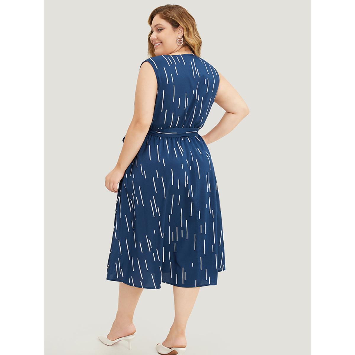 Plus Size Geometric Pocket Ruffle Hem Belted Notched Neck Tank Dress DarkBlue Women Office Cross straps Notched collar Sleeveless Curvy Midi Dress BloomChic 26/4X Product Image