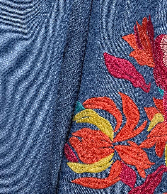 Calessa Petite Size Embroidered Elbow Sleeve Ruffle Mock Neck Tunic Product Image