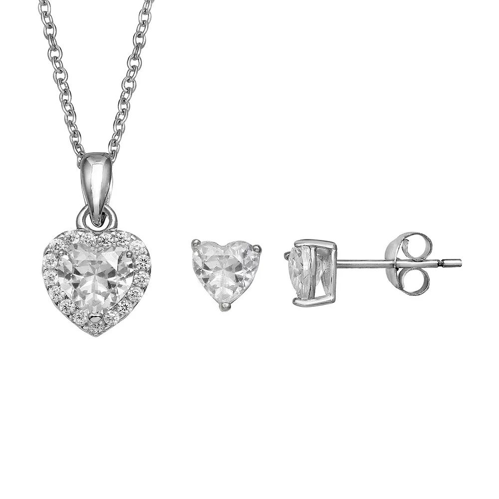 PRIMROSE Sterling Silver Cubic Zirconia Heart Stud Earrings & Heart Pendant Necklace Set, Women's, Size: 18", Sterling And Clear Product Image